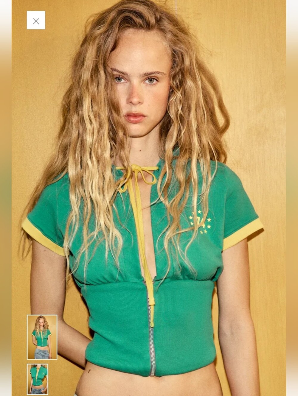Zara Green Crop Zip-Front Top with Yellow Trim